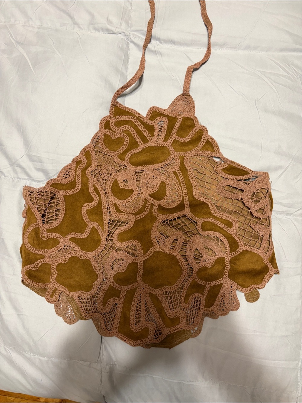 Crochet Overlay Halter Top in Dusty Rose and Camel